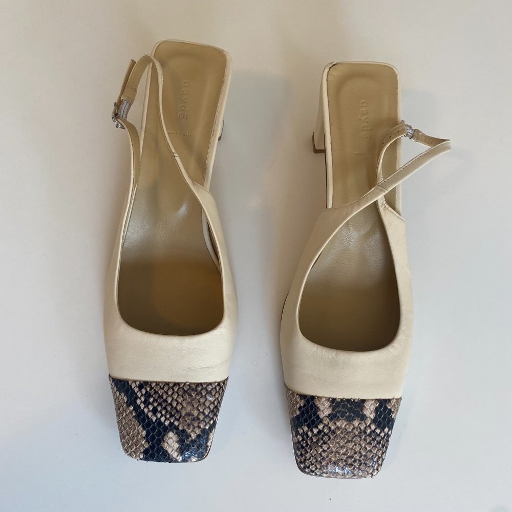 AEYDE Drew Snake-Printed Slingback Pumps